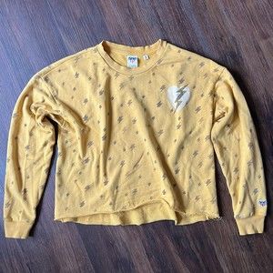 Junk Food Women's Small S Yellow Cropped Sweatshirt Lightning Bolt Print Raw Hem